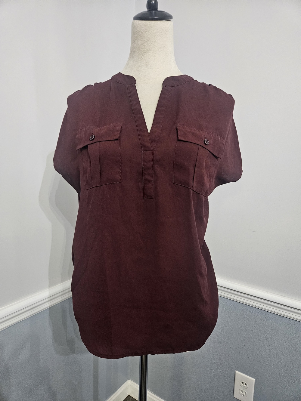 INC International Concepts Burgundy Split-Neck Utility Blouse